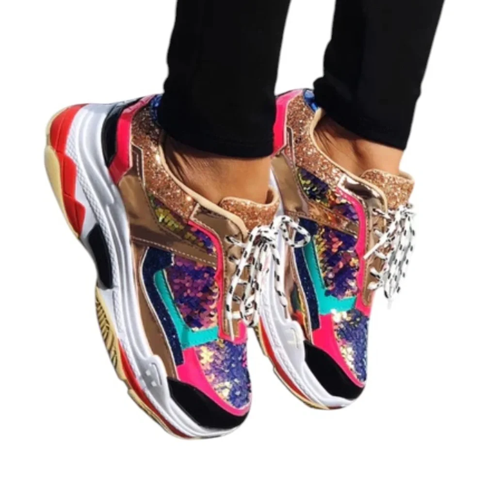 Pink,Gold Multi colored,Chunky Sneakers,shoes,sequins throughout, Size 7, New - Picture 1 of 10